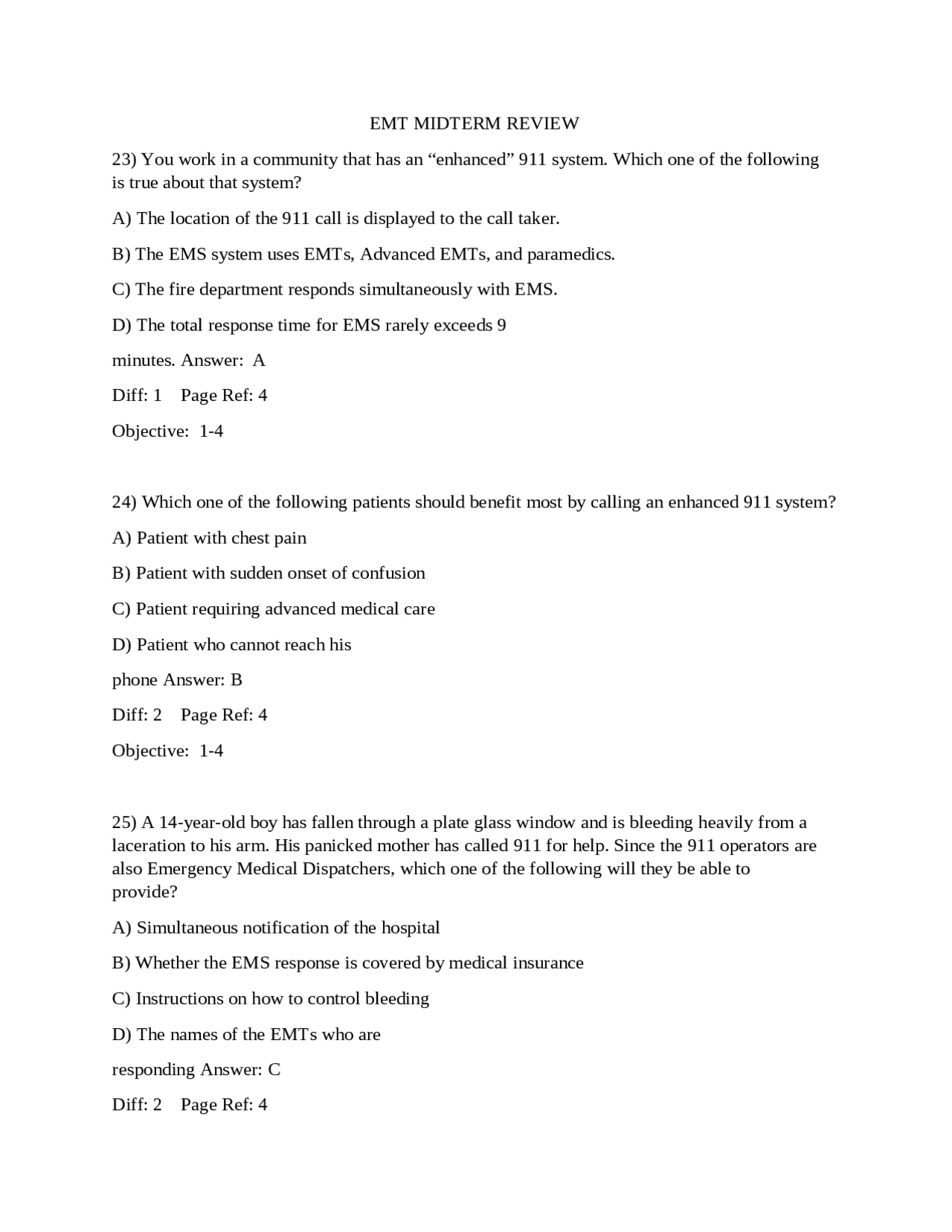 EMT MIDTERM REVIEW COMPLETE SOLUTION Docsity
