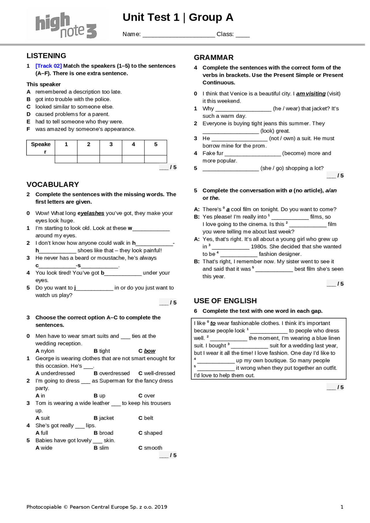 Unit 1 grupa A high note 3 Testy Język angielski Docsity