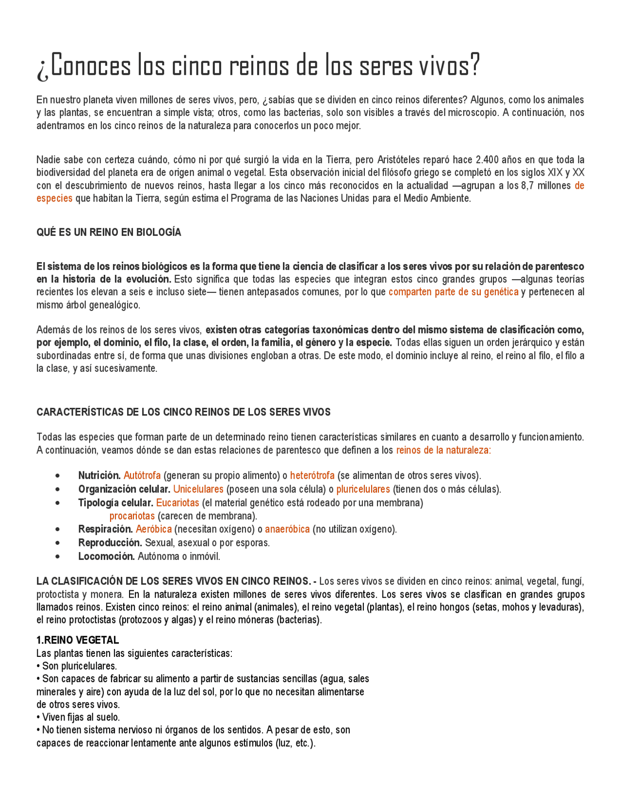 LOS CINCO REINOS DE LOS SERES VIVOS | Apuntes de Biología | Docsity