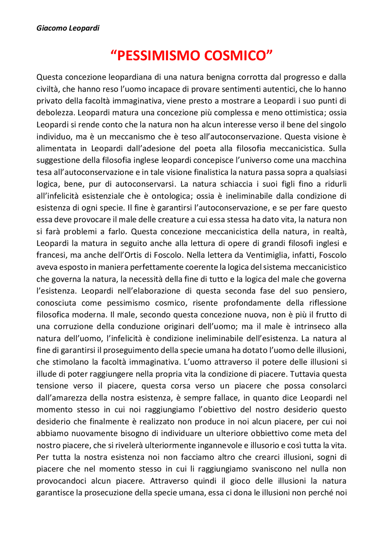 Appunti e spiegazione sul pessimismo cosmico Leopardiano Docsity