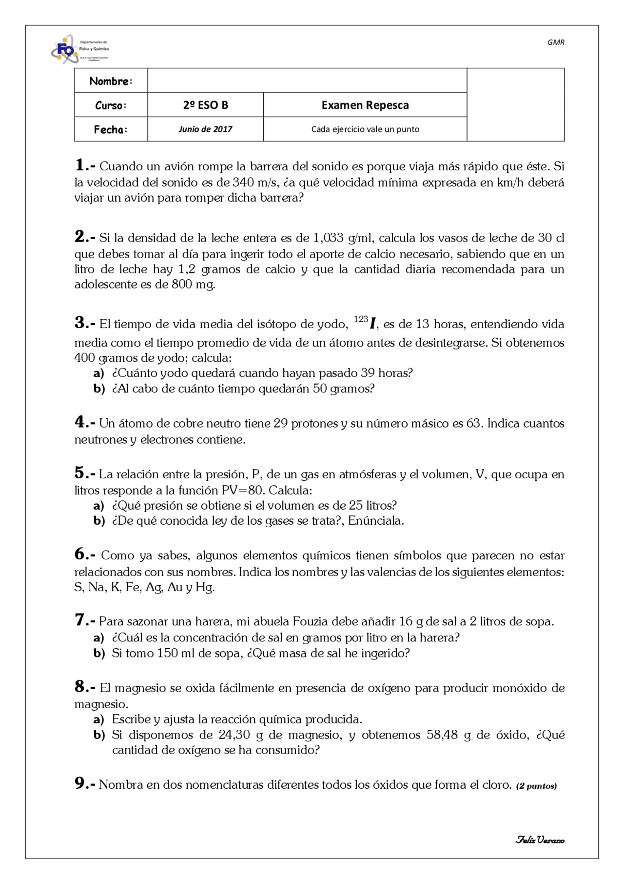A Cuanto Se Rompe La Barrera Del Sonido Ejercicios de repaso de fisica y quimica - Docsity