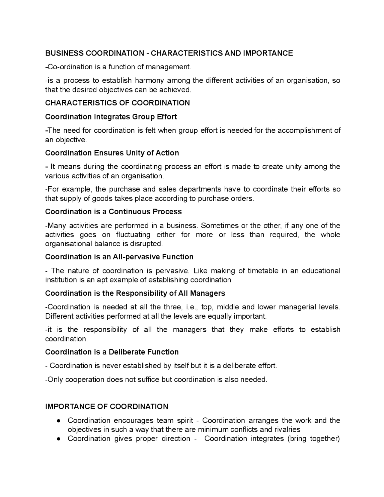 Business Coordination Characteristics and Importance Docsity