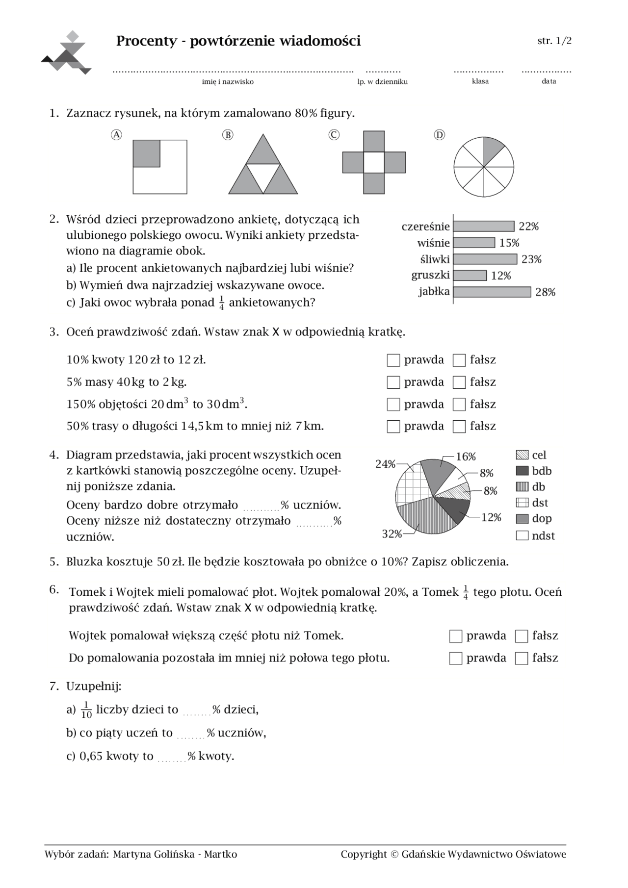 Matematyka Klasa 7 Sprawdzian Z Działu Drugiego Procenty Nowa Era