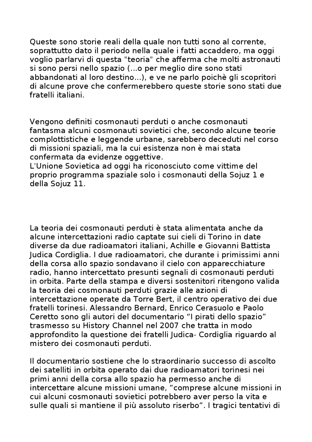 Teoria dei cosmonauti perduti Docsity