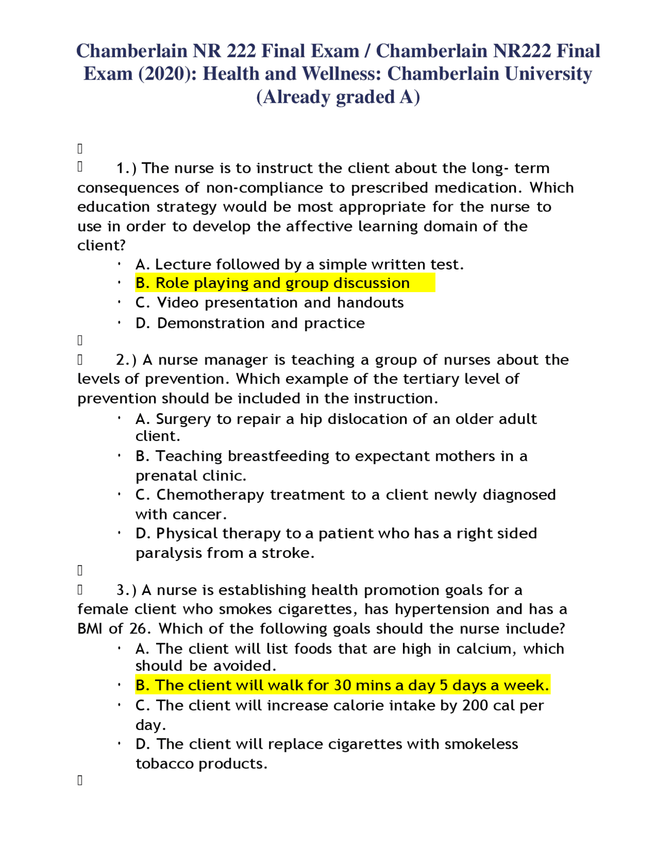 NR 222 Final Exam / Chamberlain NR222 Final Exam (2020): Health and ...
