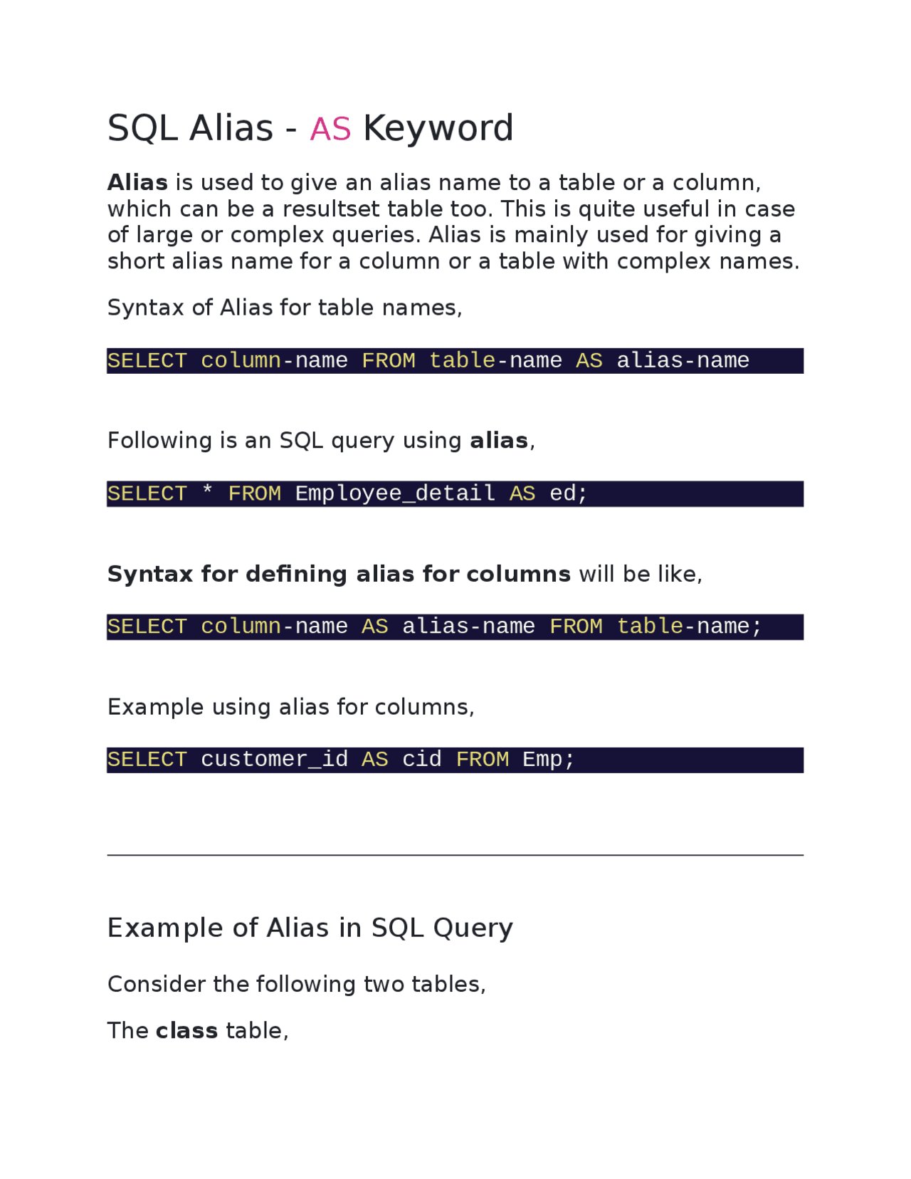 SQL Alias - AS Keyword | Assignments Database Programming | Docsity