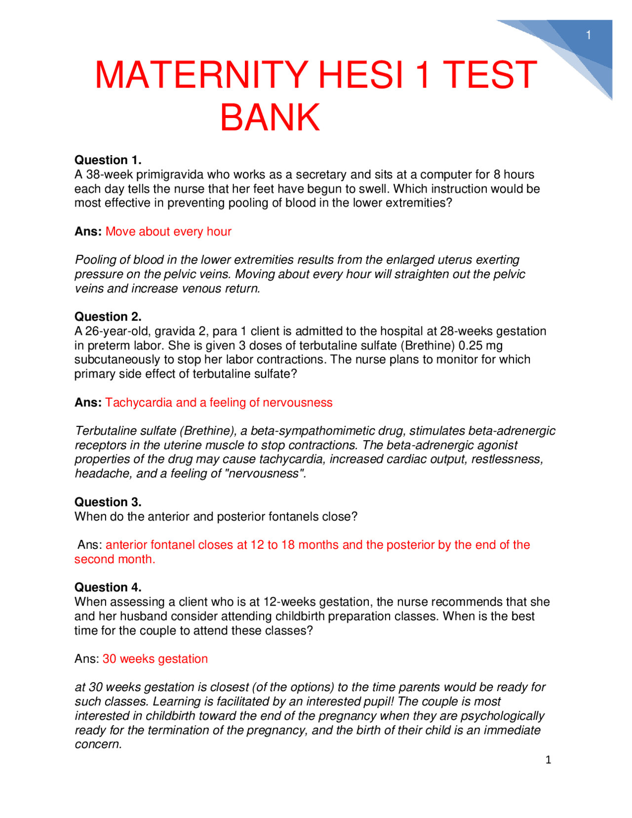 MATERNITY HESI 1 TEST BANK /HESI STUDY GUIDE Docsity