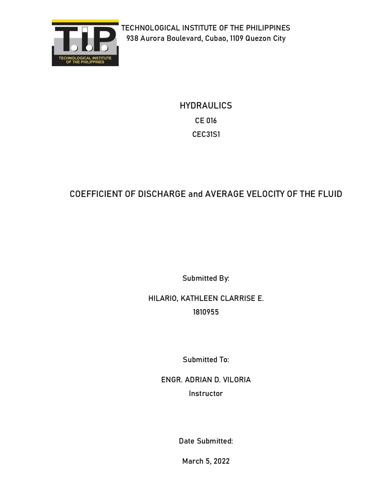 Lab Report Hydraulics Orifice - Docsity