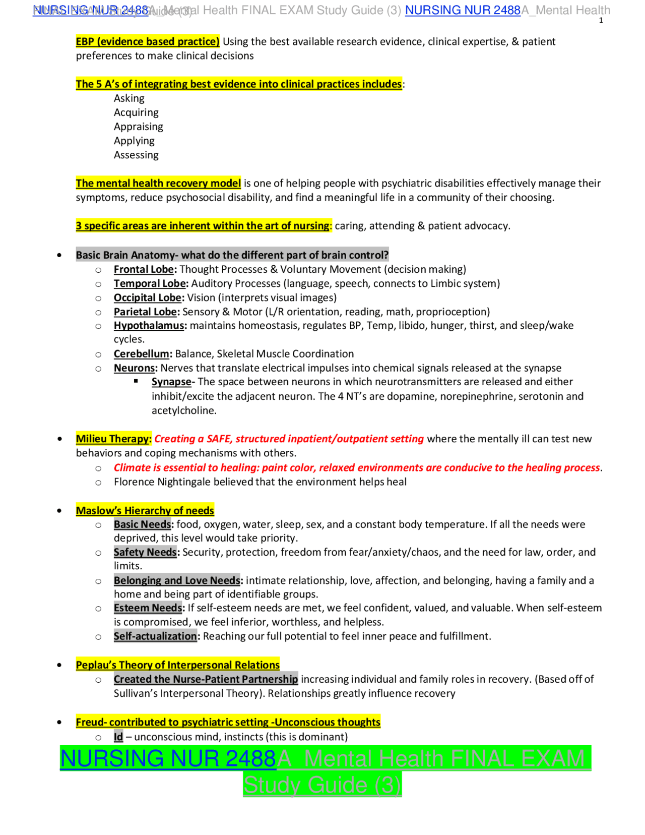 NURSING NUR 2488A_Mental Health FINAL EXAM Study Guide (3) - Docsity