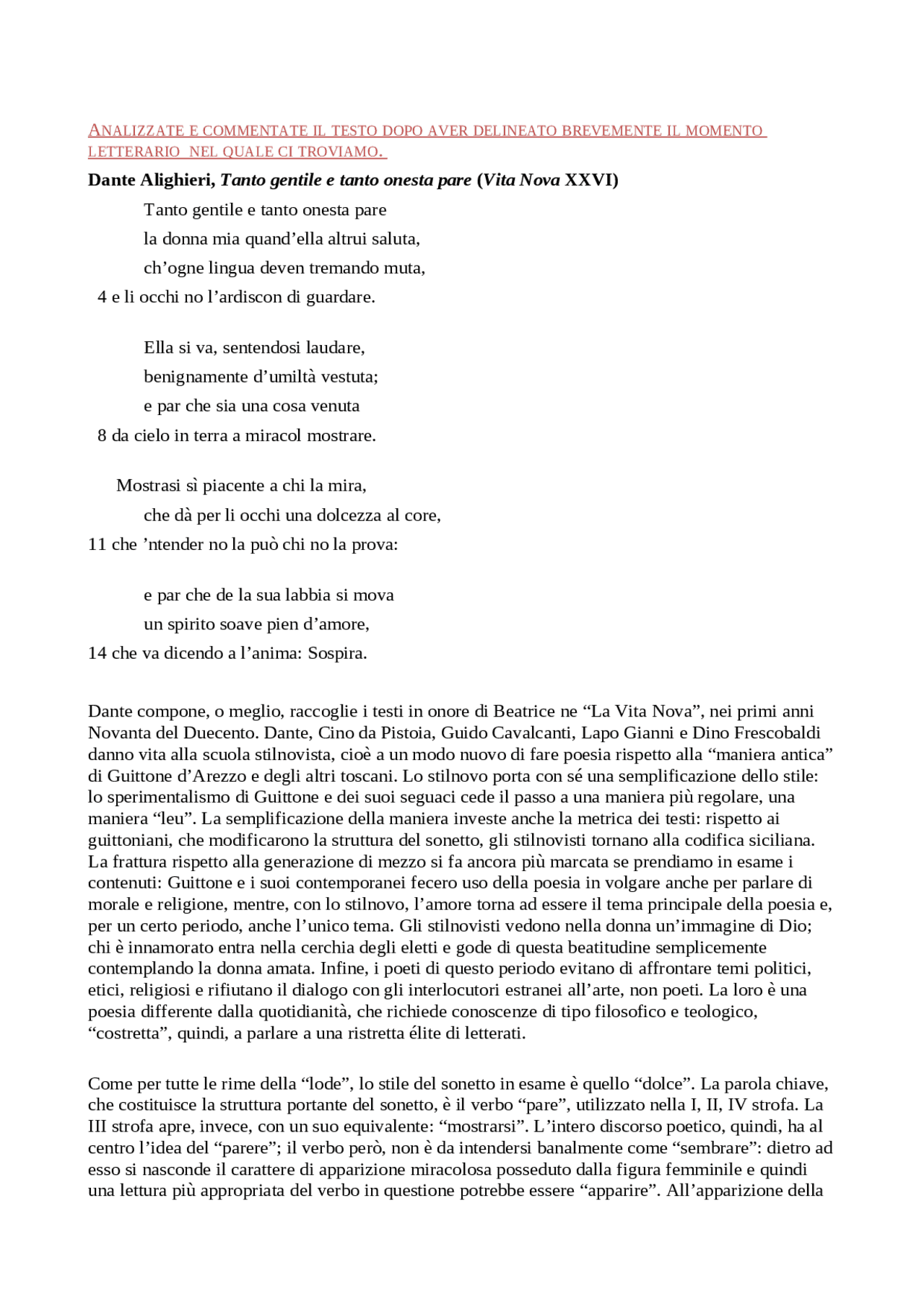 Analisi Tanto gentile e tanto onesta pare di Dante Alighieri Docsity