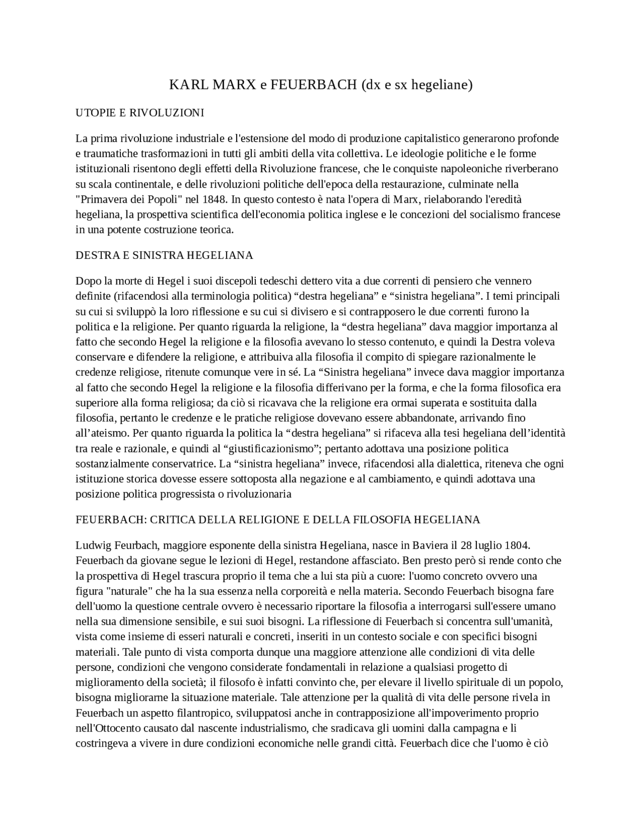 KARL MARX, DESTRA E SINISTRA HEGELIANE,