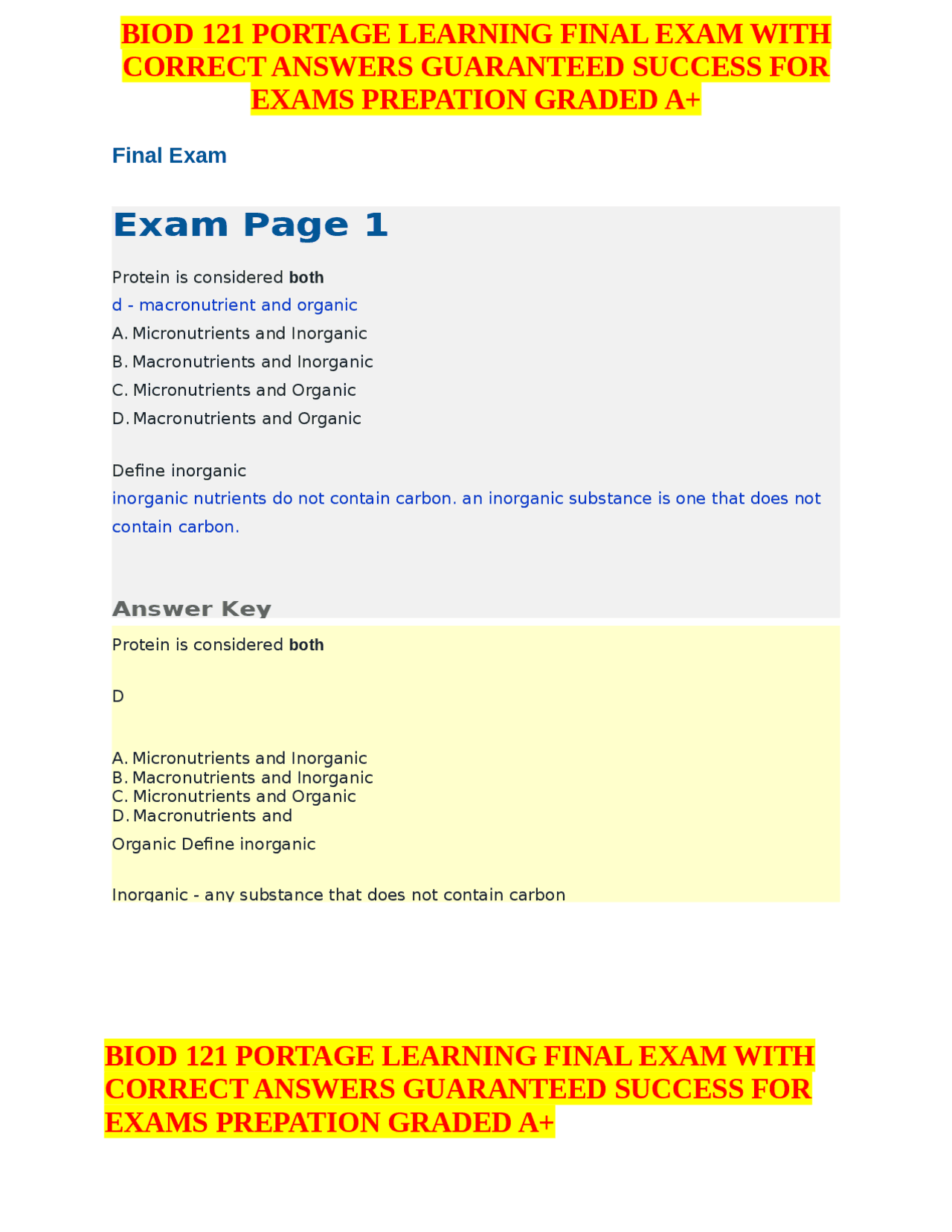 BIOD 121 PORTAGE LEARNING FINAL EXAM WITH CORRECT ANSWERS GUARANTEED ...