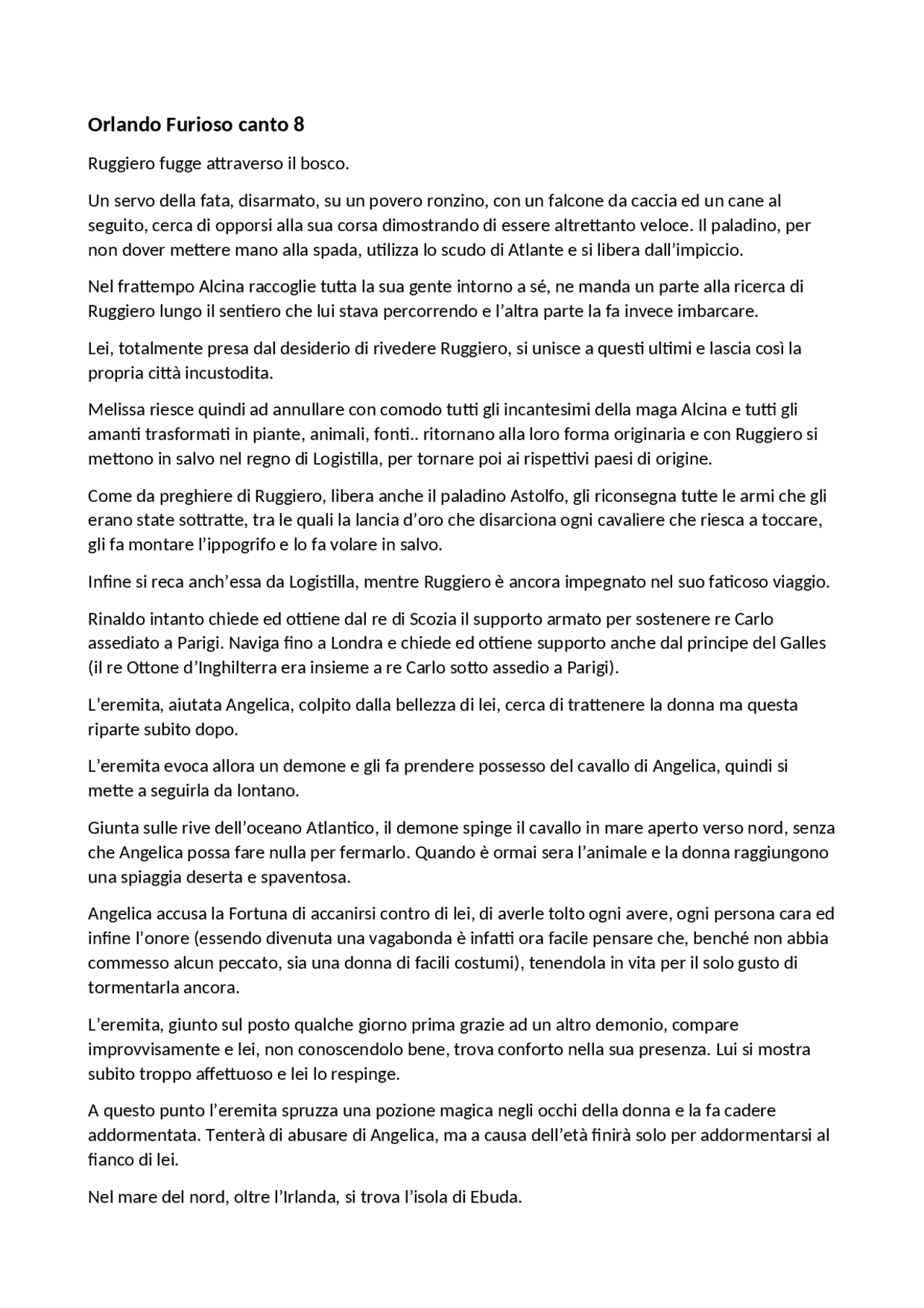 Riassunto ottavo canto Orlando Furioso Docsity