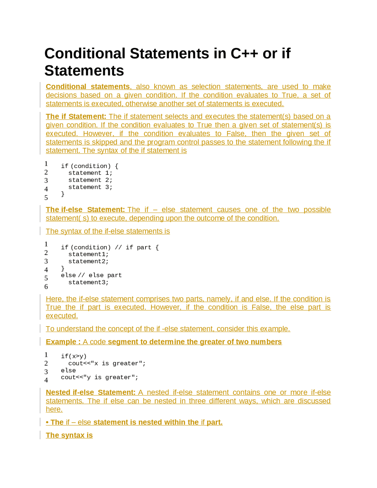 Conditional Statements in C++ or if Statements. - Docsity
