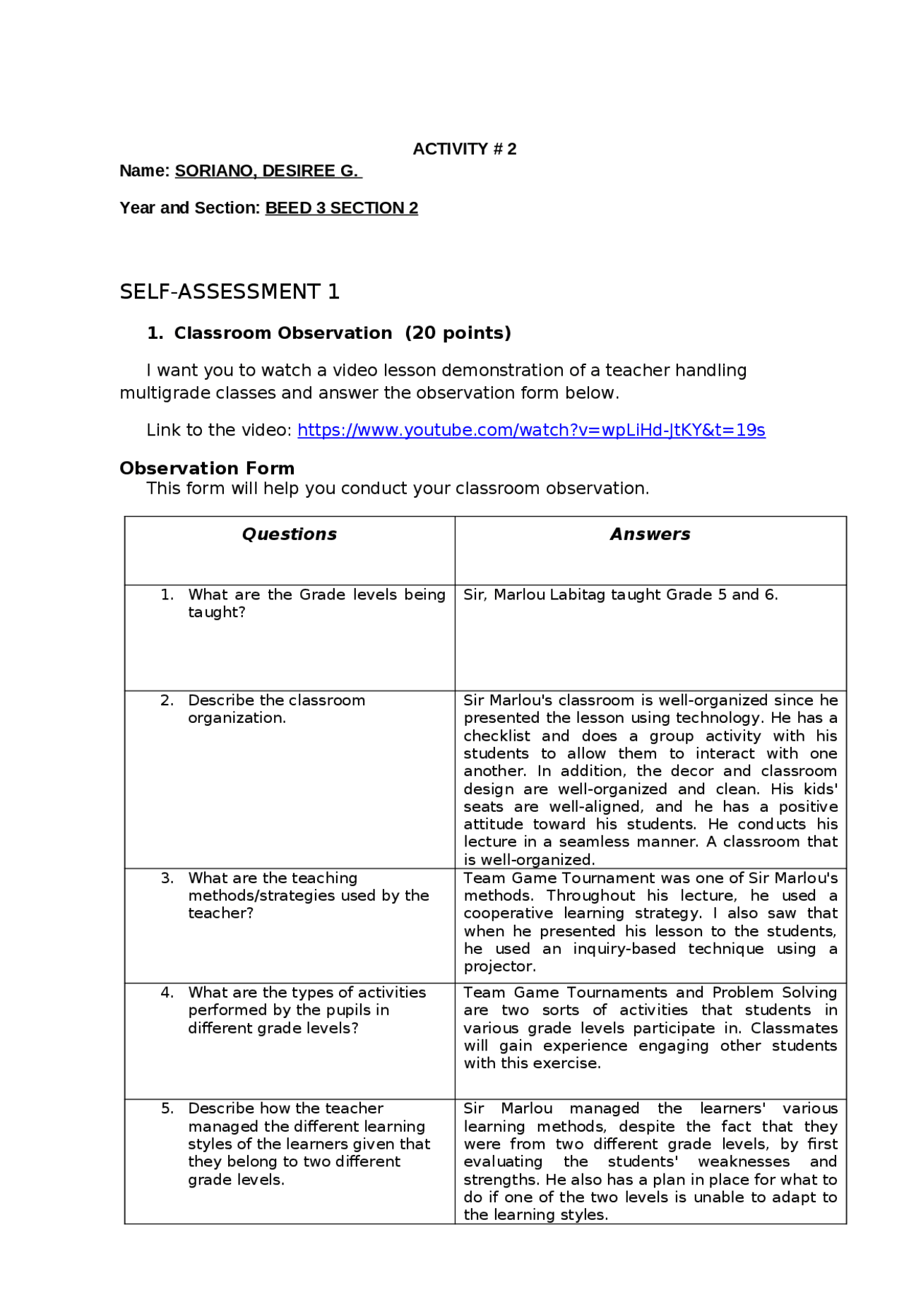 Observation on Multigrade Teacher - Docsity