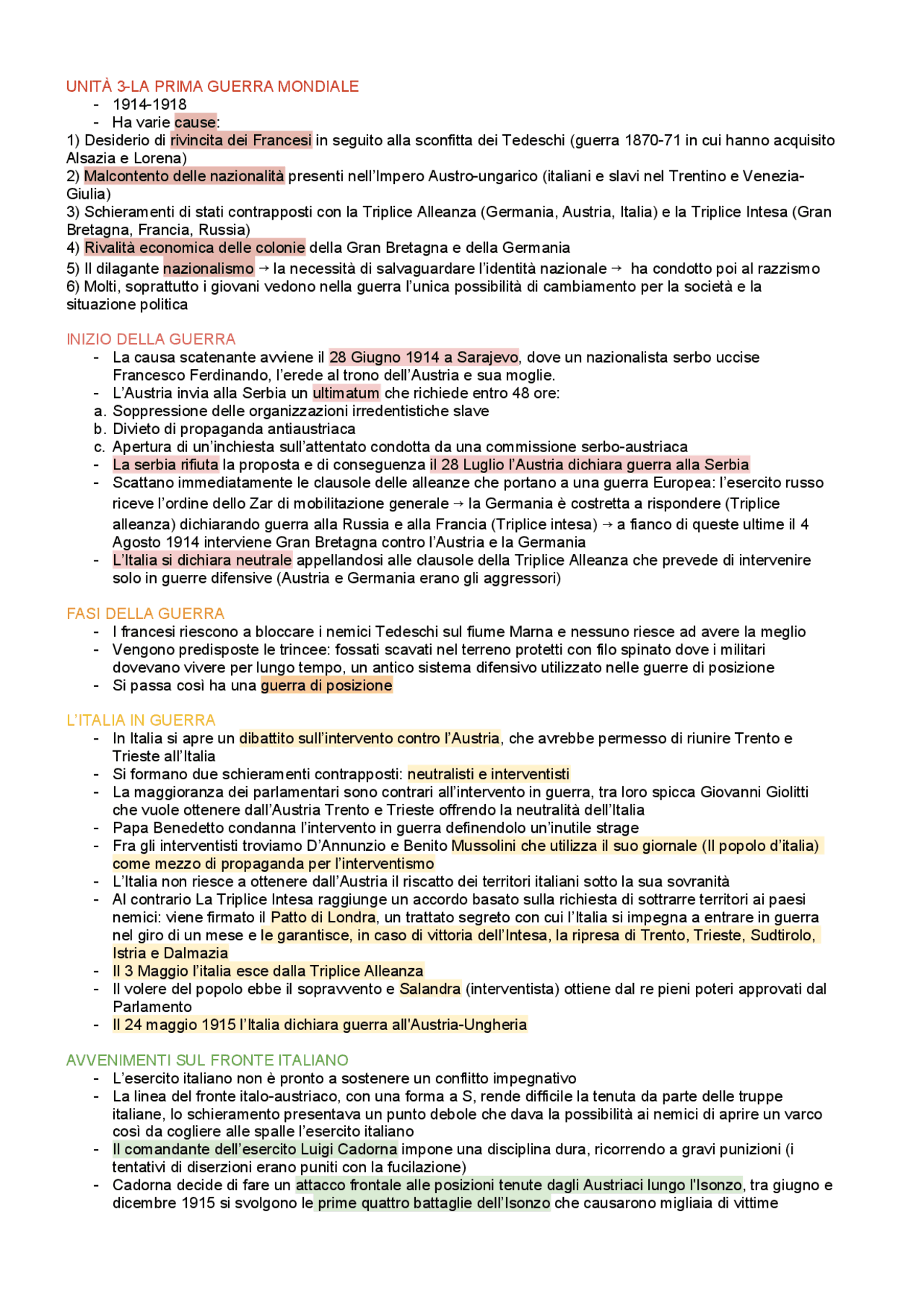 Prima guerra mondiale | Schemi e mappe concettuali di Storia - Docsity