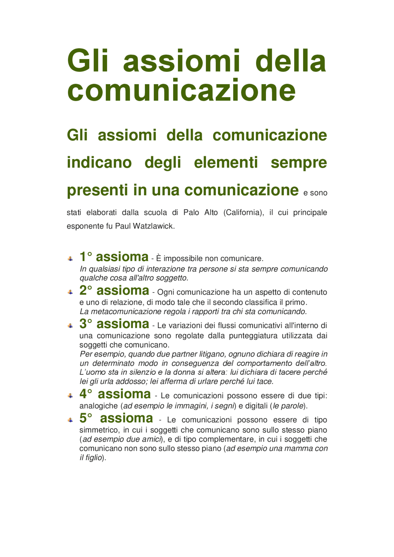 Gli assiomi della comunicazione Schemi e mappe concettuali di
