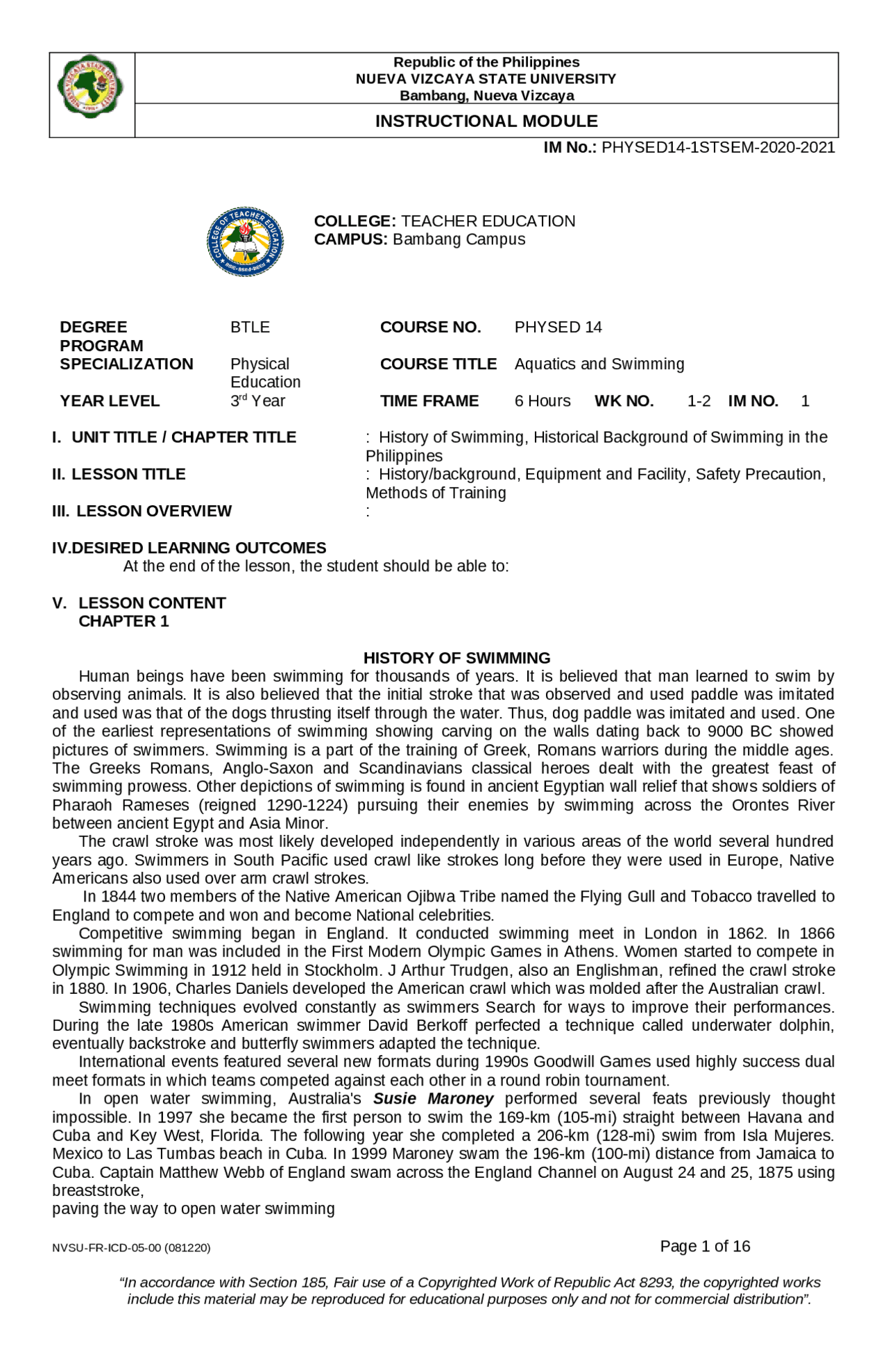 Module 1 in Swimming and Aquatics Lecture notes Physical Education