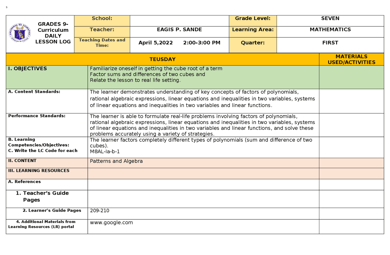 Daily Lesson Log in Math 7 | Study Guides, Projects, Research ...