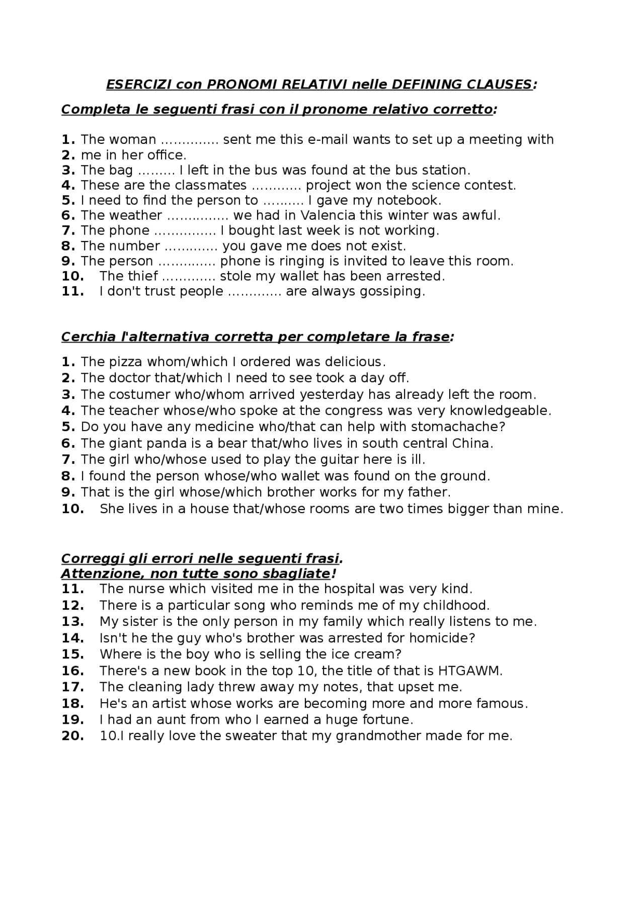 DEFINING and NON-DEFINING CLAUSES | Esercizi di Inglese | Docsity