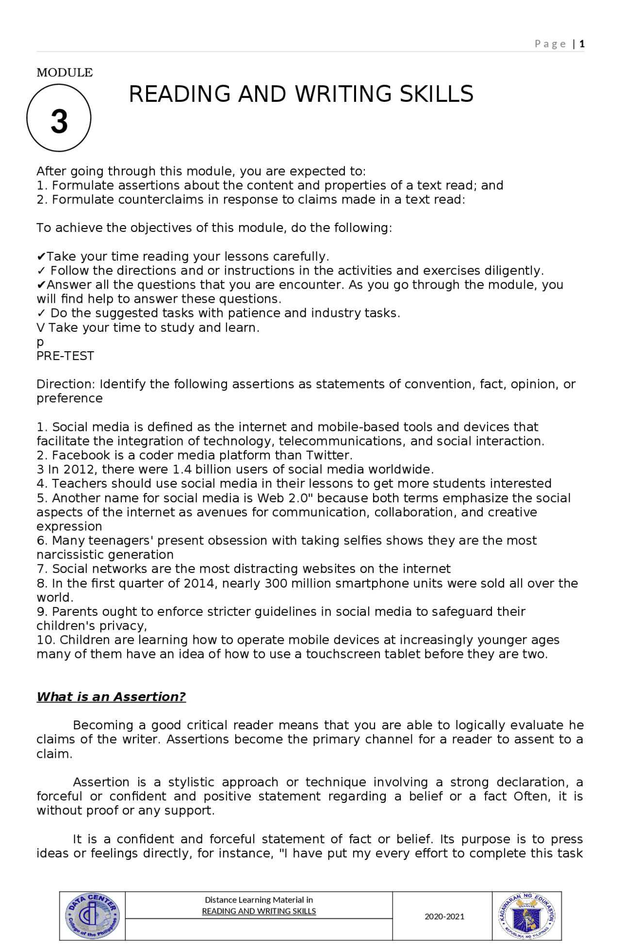 Reading and writing learning module - Docsity