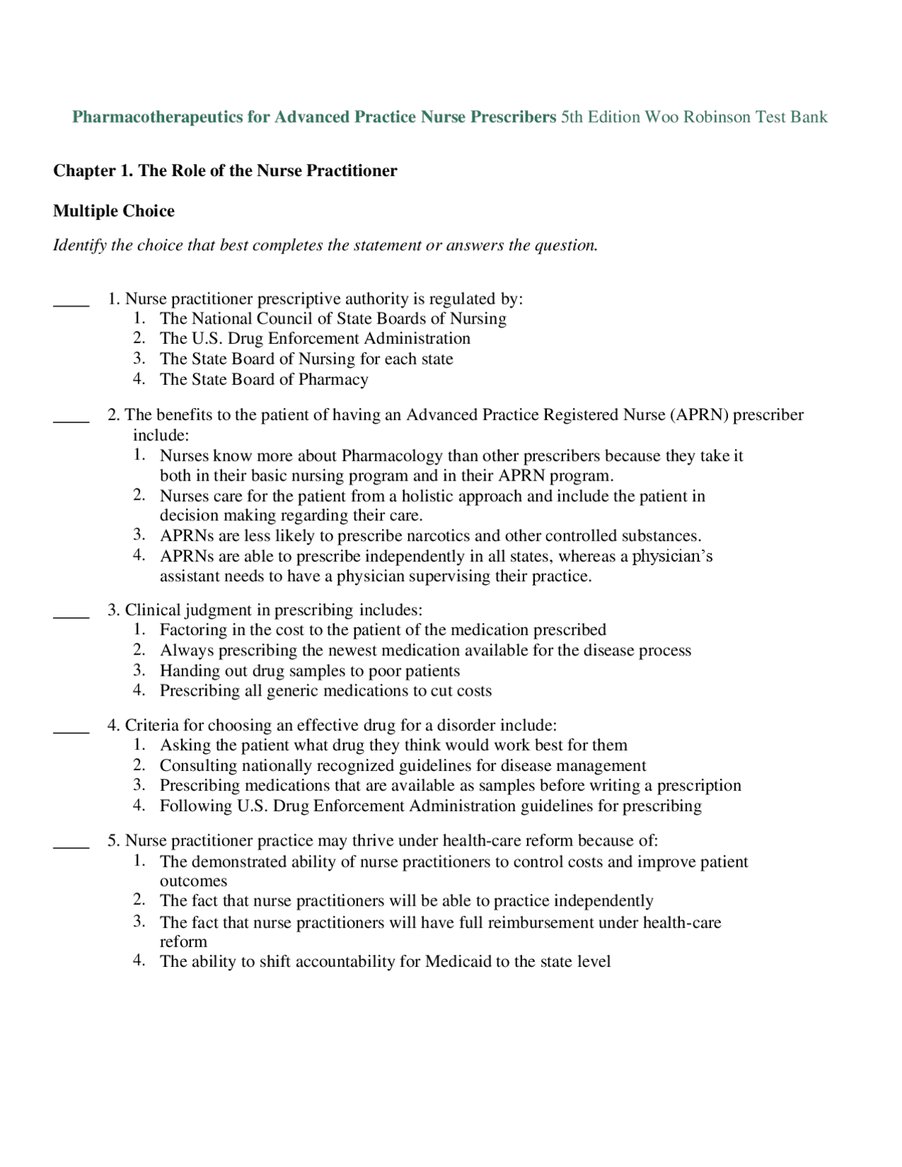 Pharmacotherapeutics For Advanced Practice Test Bank