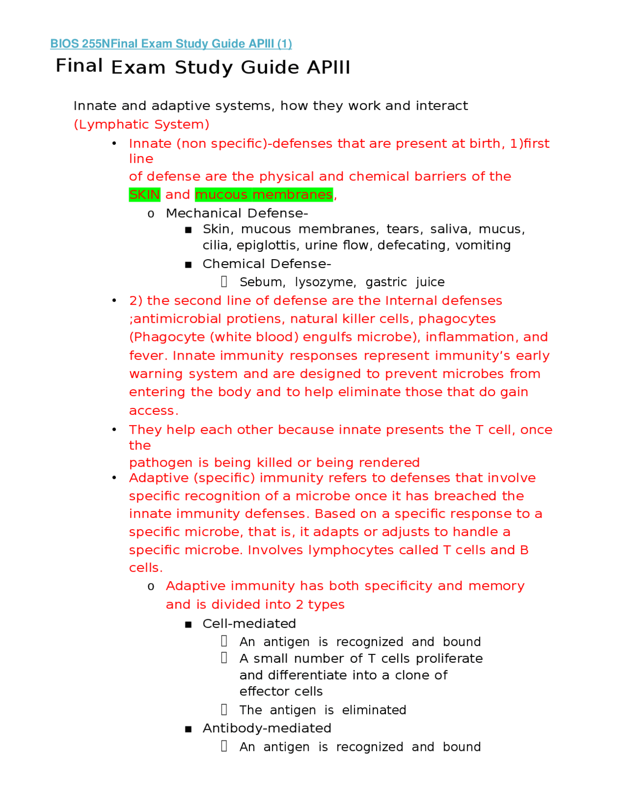 BIOS 255NFinal Exam Study Guide APIII (1) - Docsity