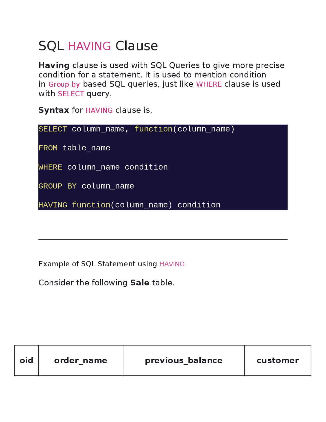 SQL HAVING Clause SQL HAVING Clause | Assignments Computer Science ...