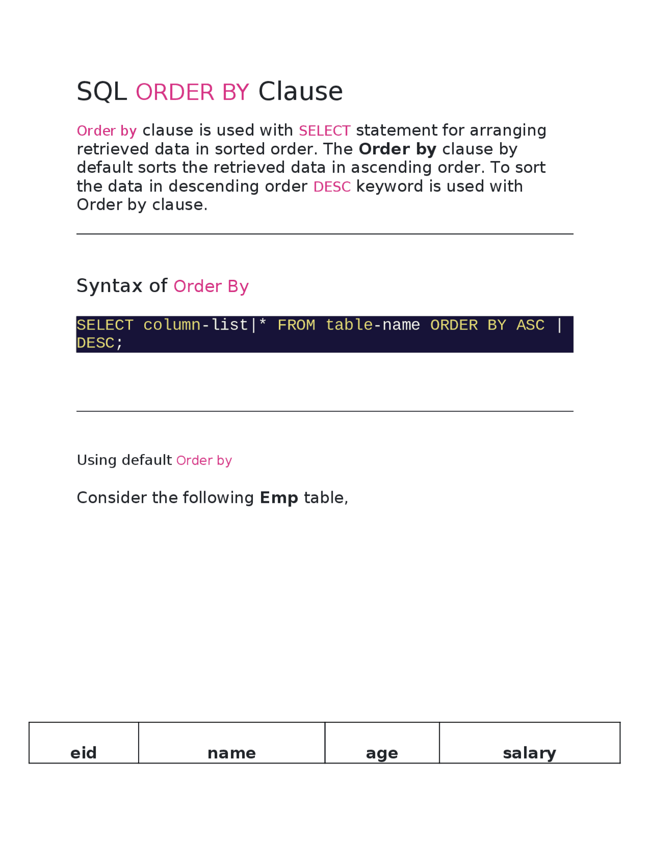 SQL ORDER BY Clause - Docsity