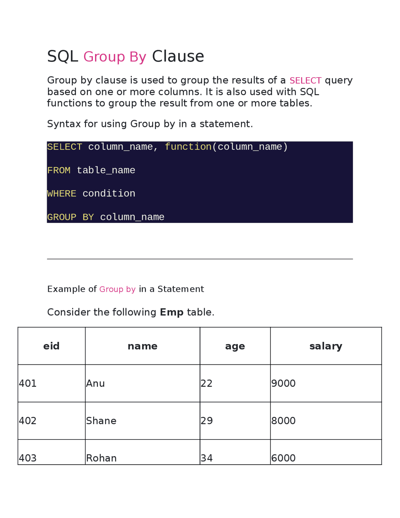 SQL Group By Clause - Docsity