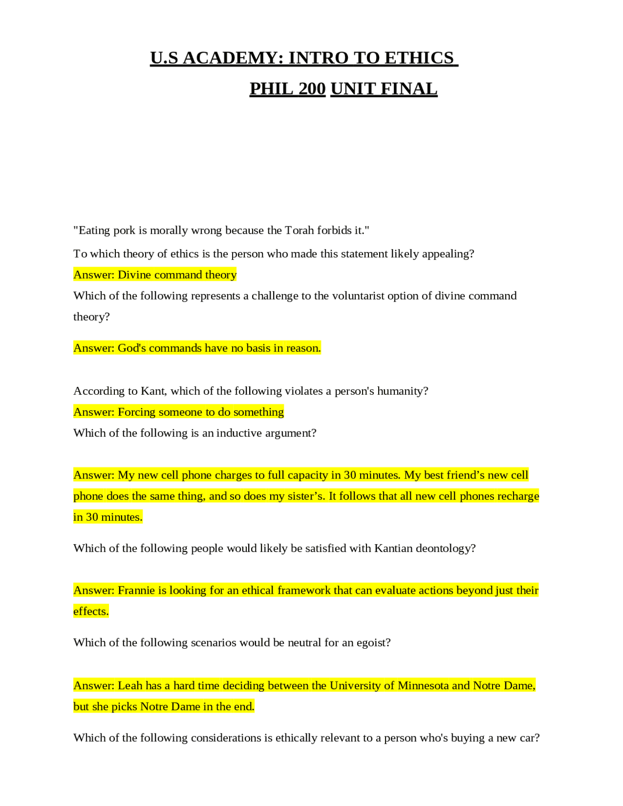 U.S ACADEMY: INTRO TO ETHICS PHIL 200 UNIT FINAL - Docsity