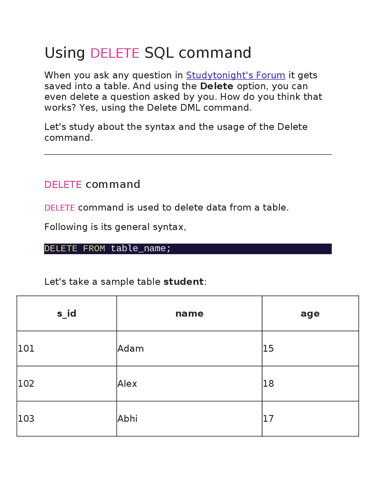 Using DELETE SQL command - Docsity