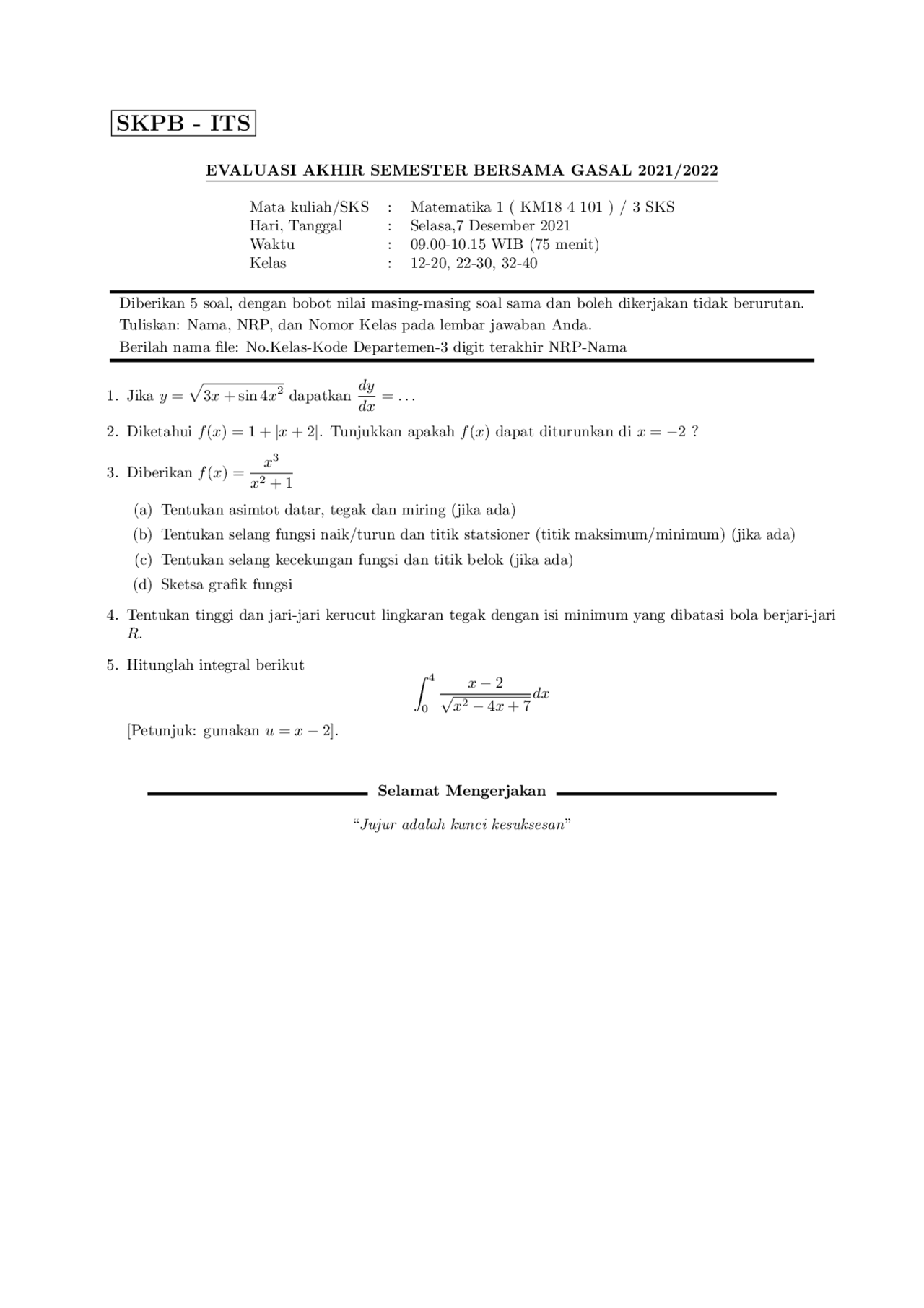 Ets Math soal ets matematika 2021 | Exams Mathematics | Docsity