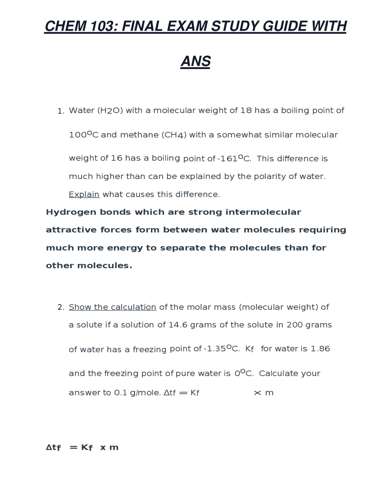 CHEM 103: FINAL EXAM STUDY GUIDE WITH ANS - Docsity