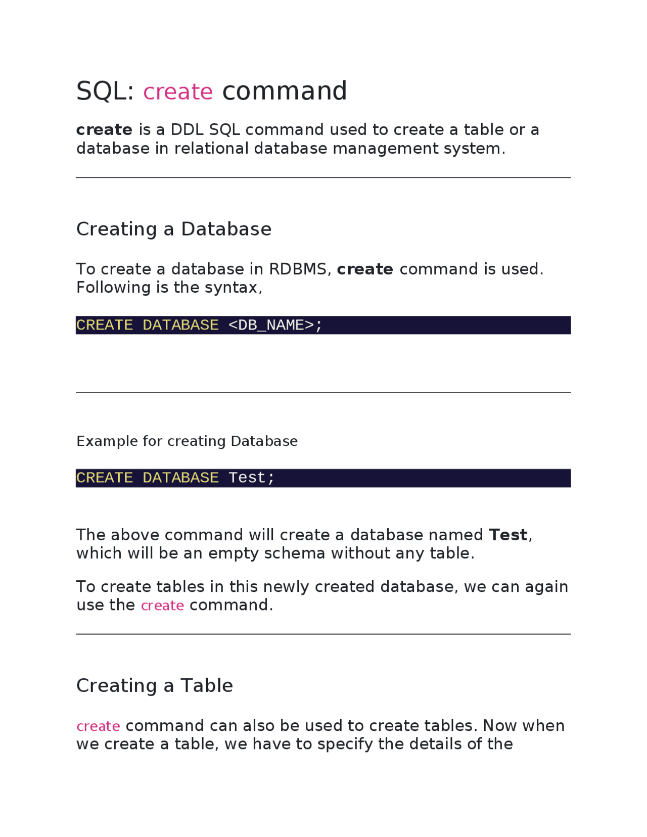 SQL create command SQL create command - Docsity