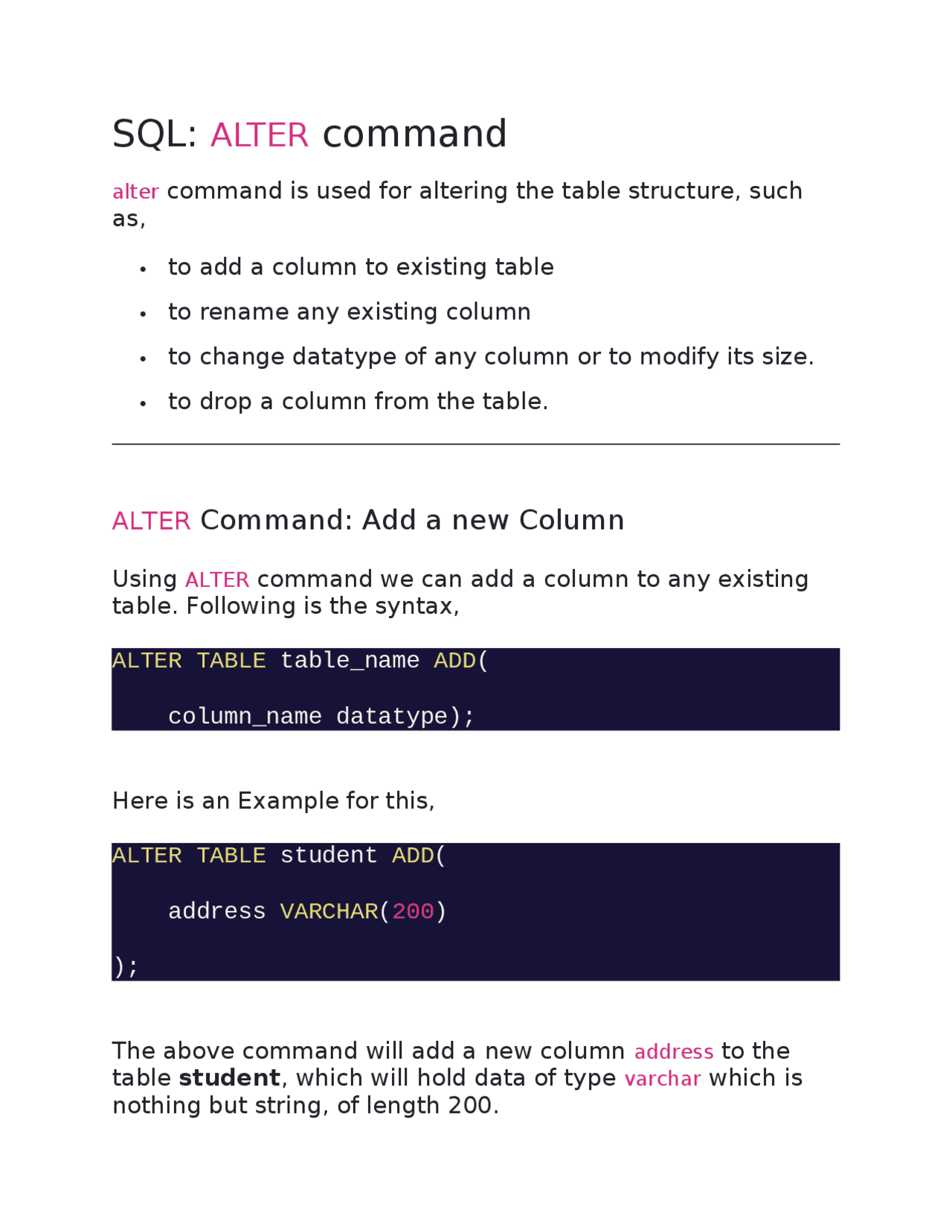 SQL ALTER command SQL ALTER command - Docsity