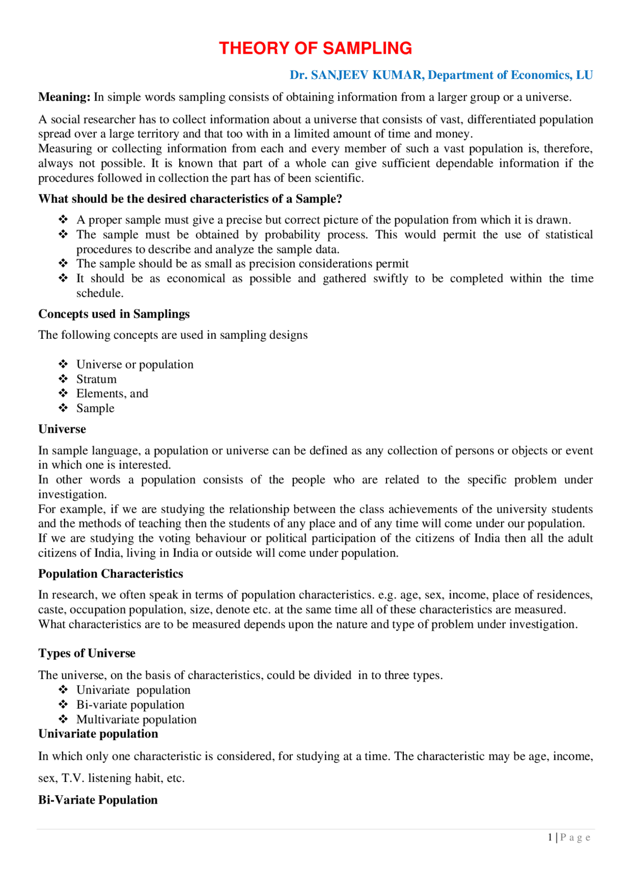 Theory of Sampling | Lecture notes Survey Sampling Techniques - Docsity