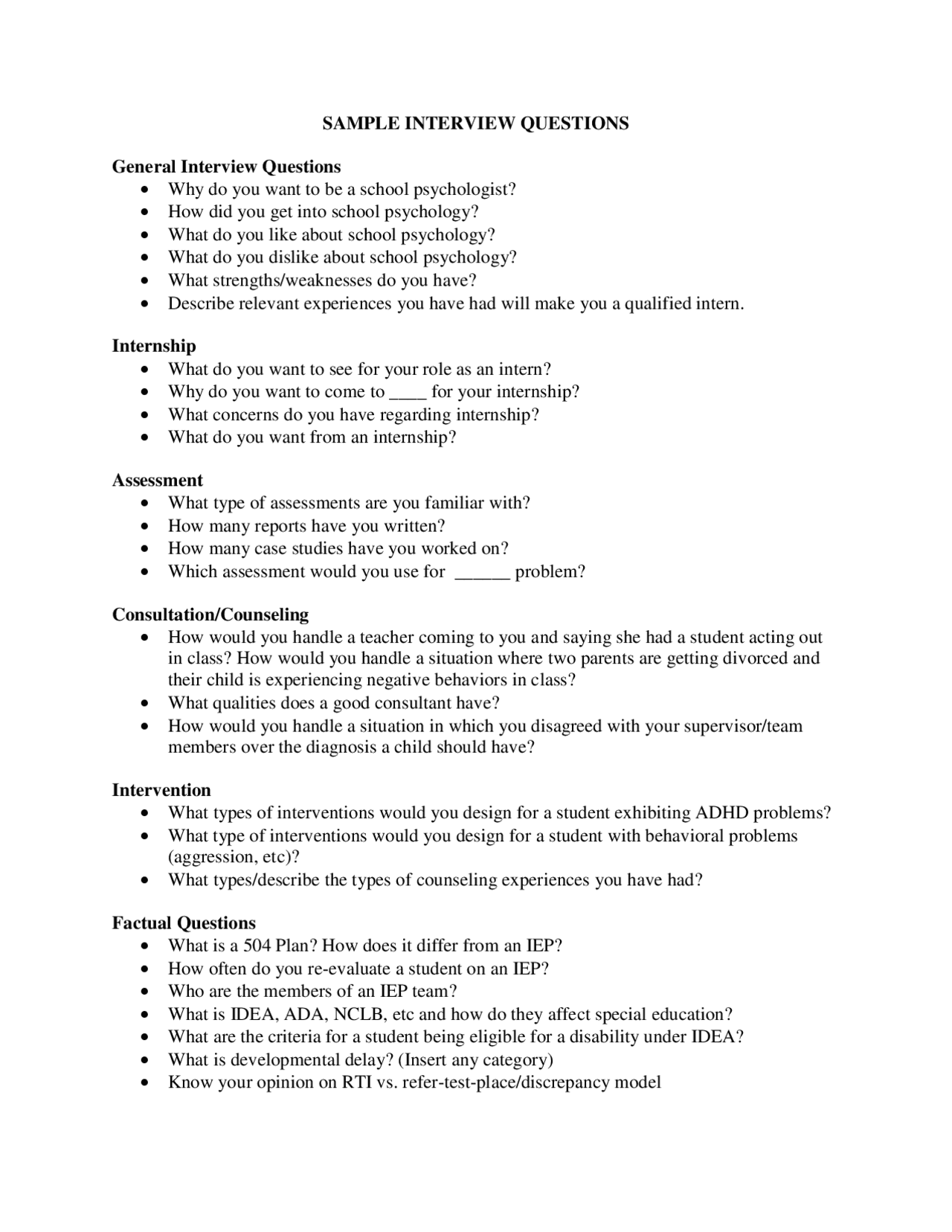 Psychology Interview Guide Examples Sample interview questions | Exercises Psychology | Docsity