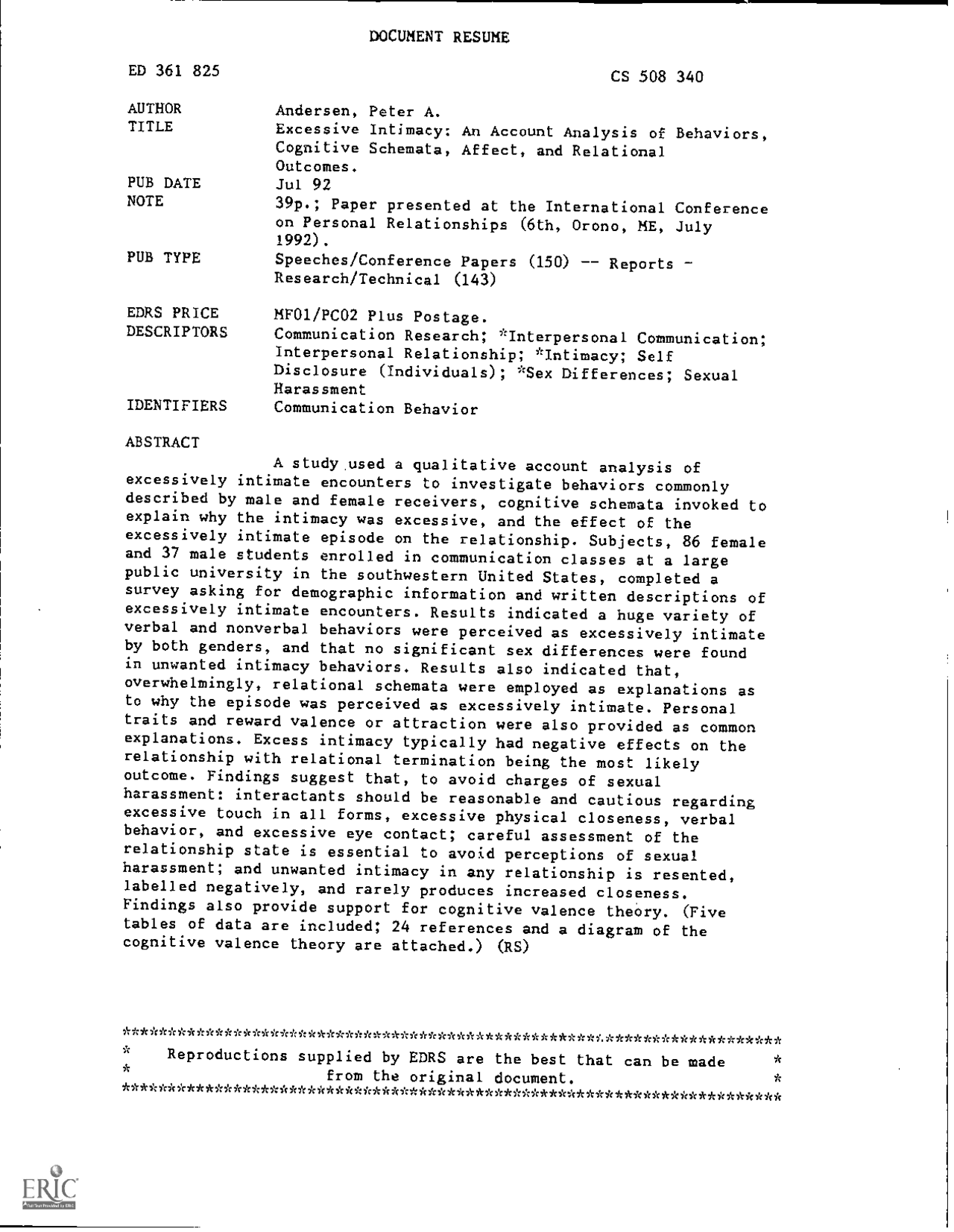 Excessive Intimacy: An Account Analysis of Behaviors, Cognitive