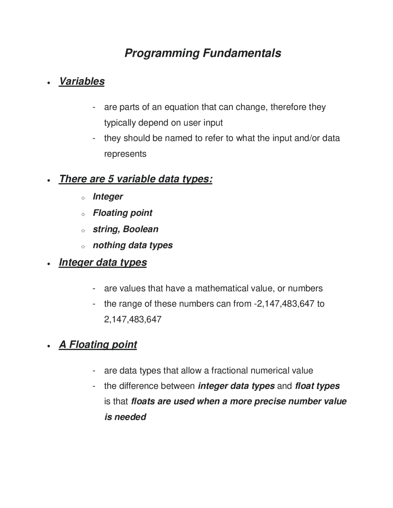 Programming Fundamentals: Variables - Docsity