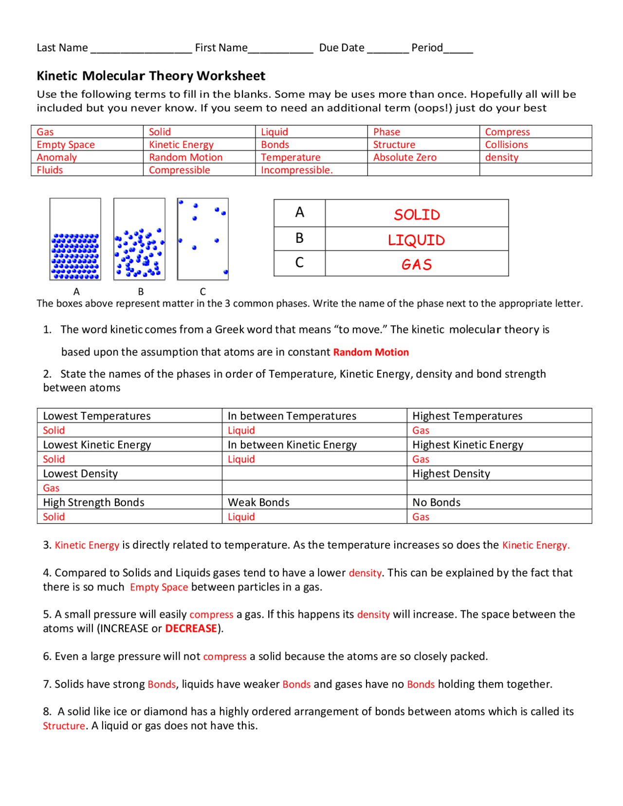 Kinetic Molecular Theory Worksheet | Cheat Sheet Chemistry | Docsity