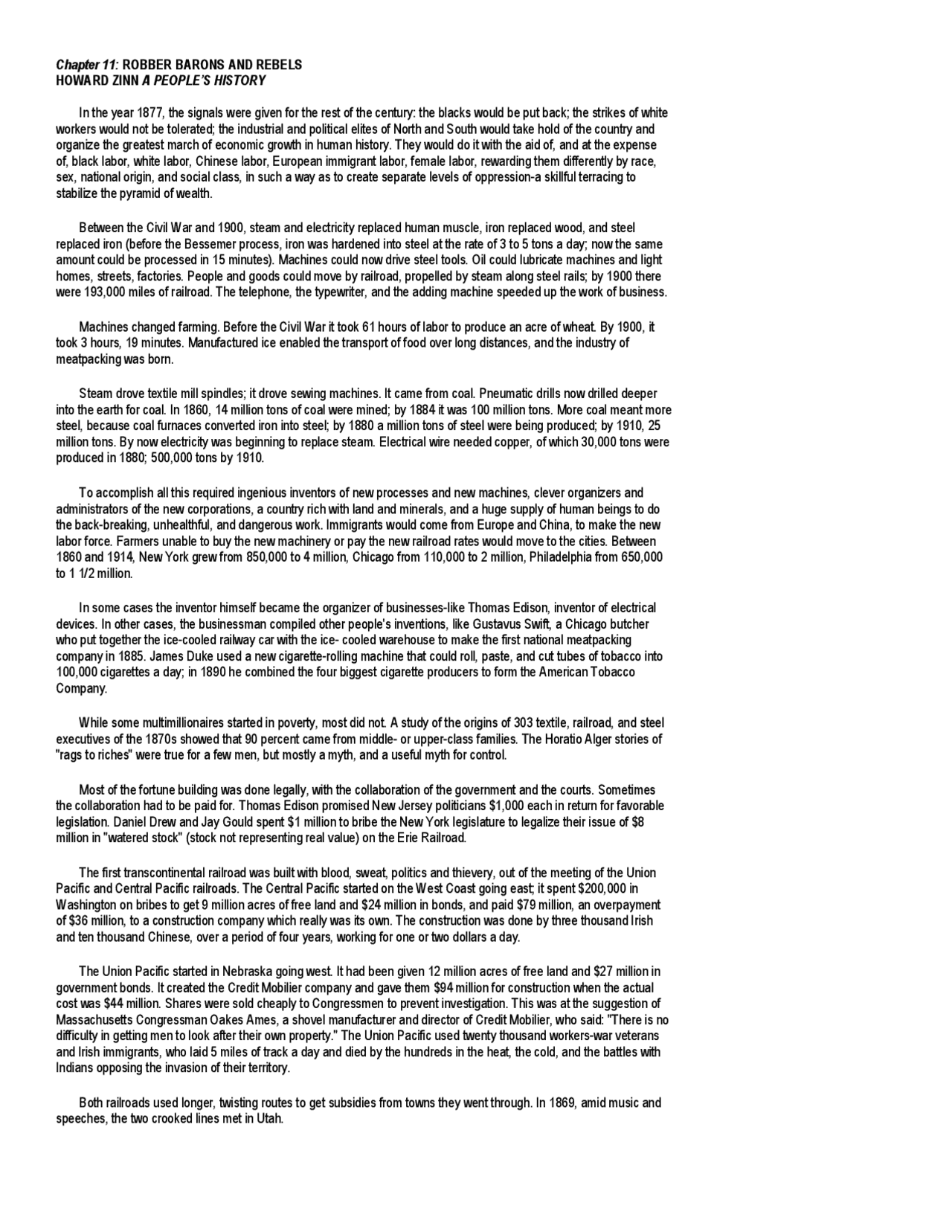 Howard zinn chapter 11 summary Docsity