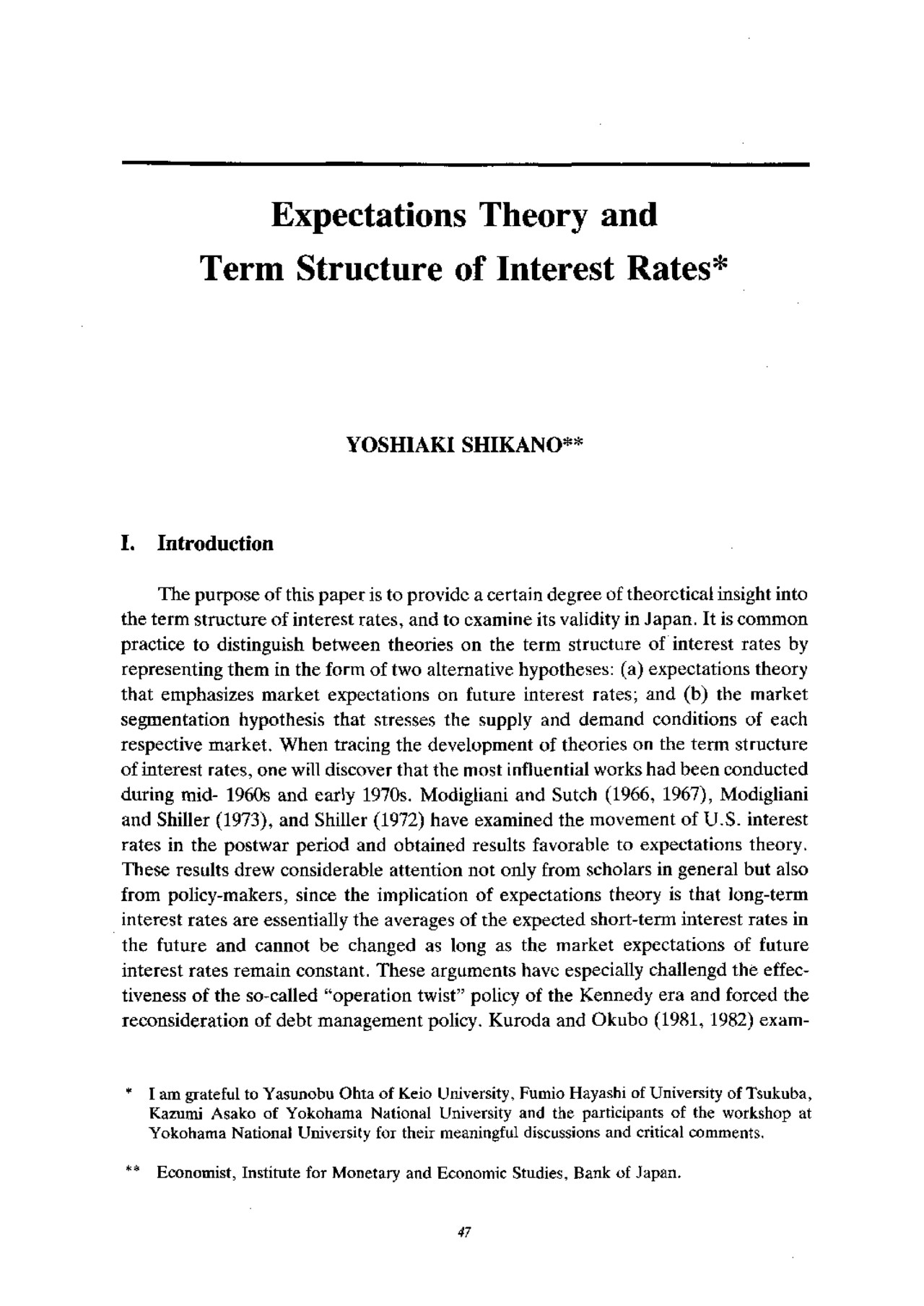 Theory of Expectation and Term Structures of Interest Rates - Docsity