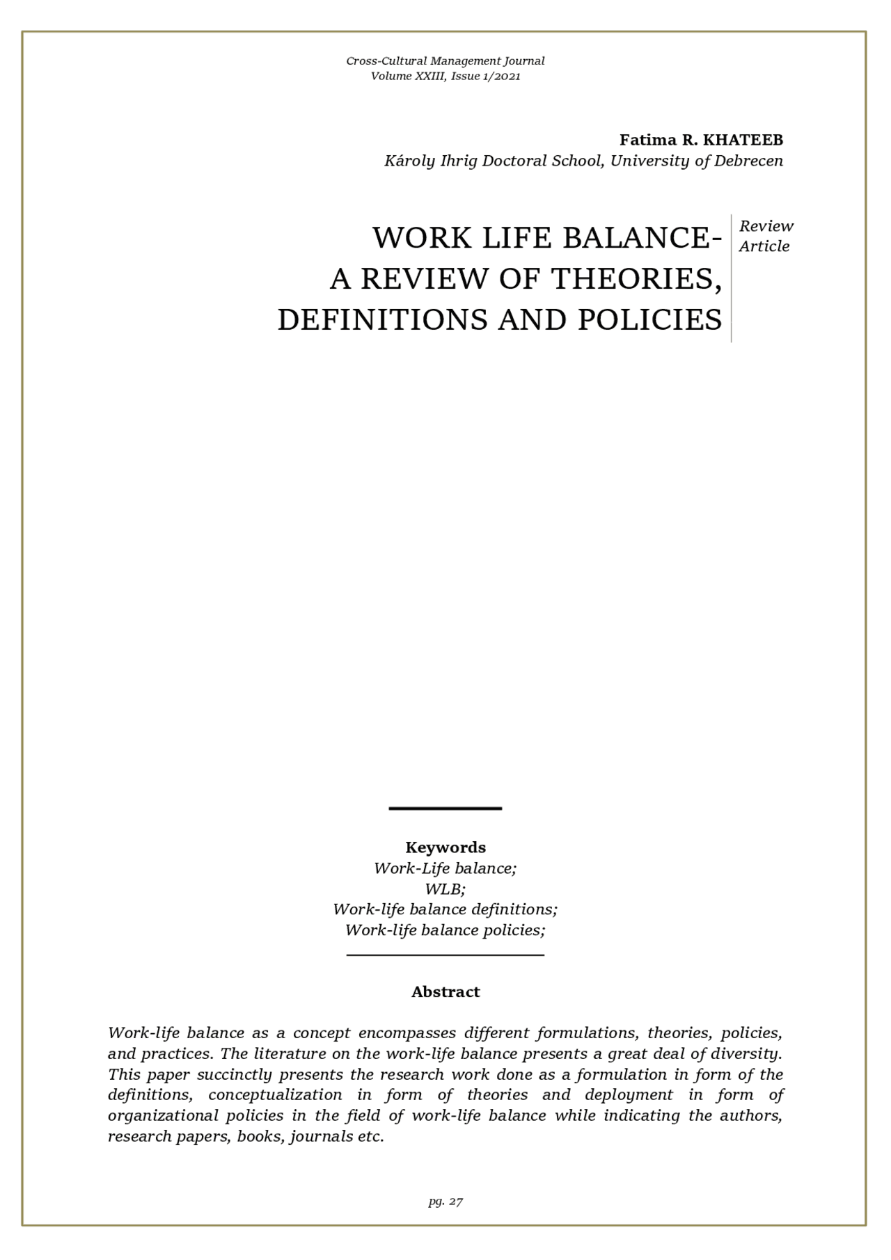 Work Life Balance- Theories and Policies - Docsity