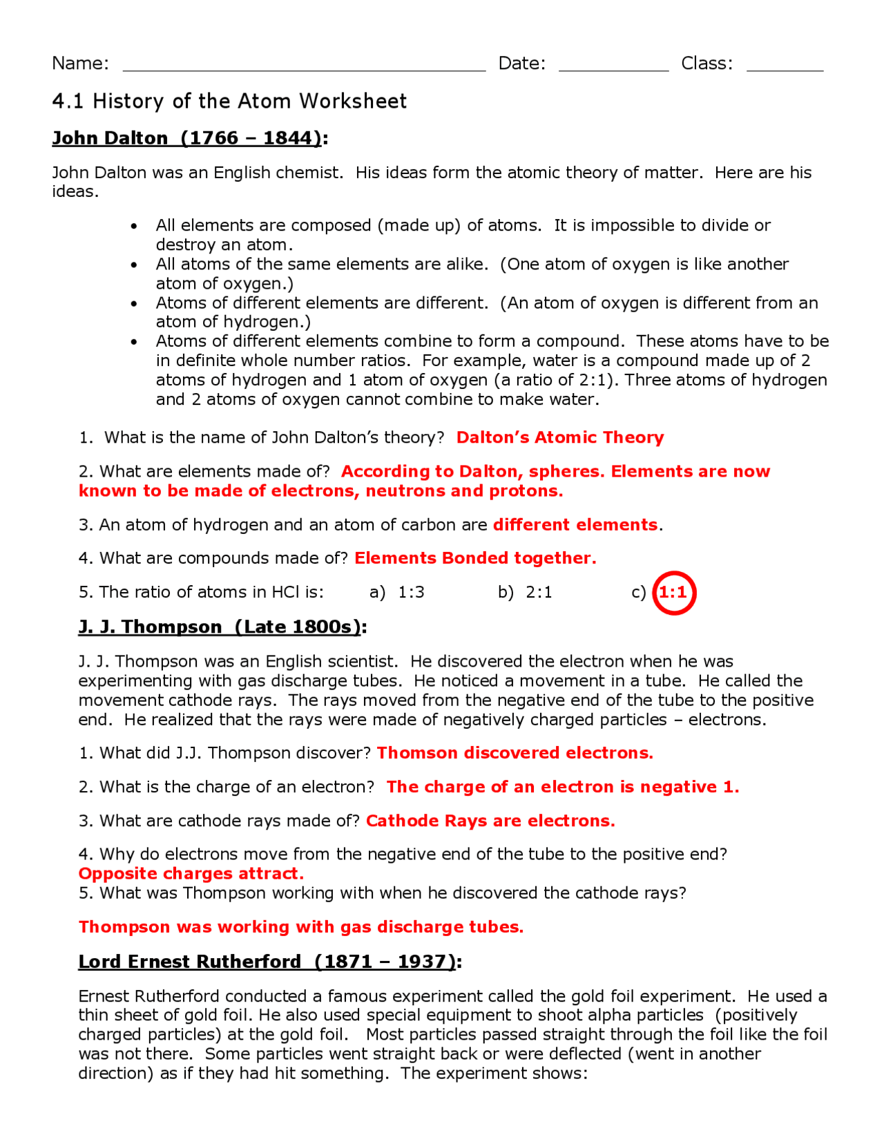 History of the Atom Worksheet | Exercises Chemistry | Docsity