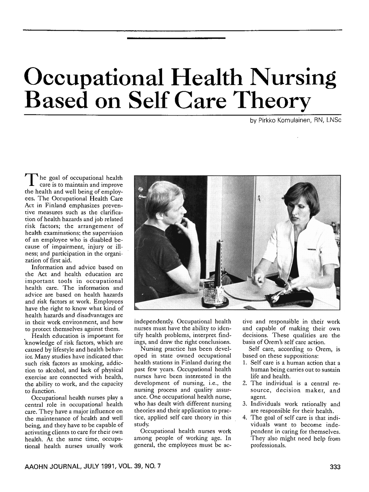 Occupational Health Nursing Based on Self Care Theory Docsity