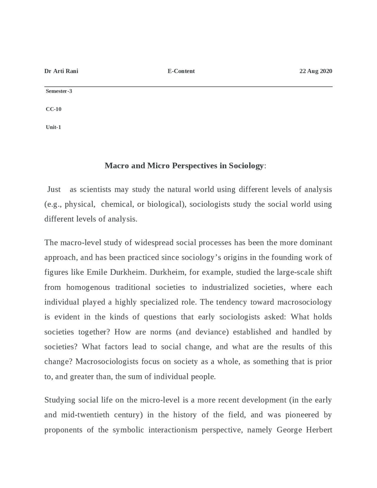 Macro-Micro Perspectives in Sociology - Docsity