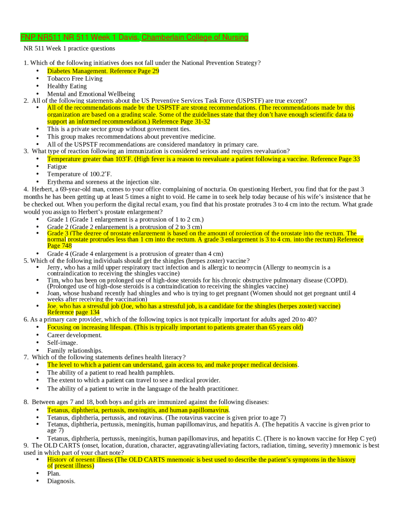 FNP NR511 NR 511 Week 1 Davis. Chamberlain College of Nursing | Exams ...