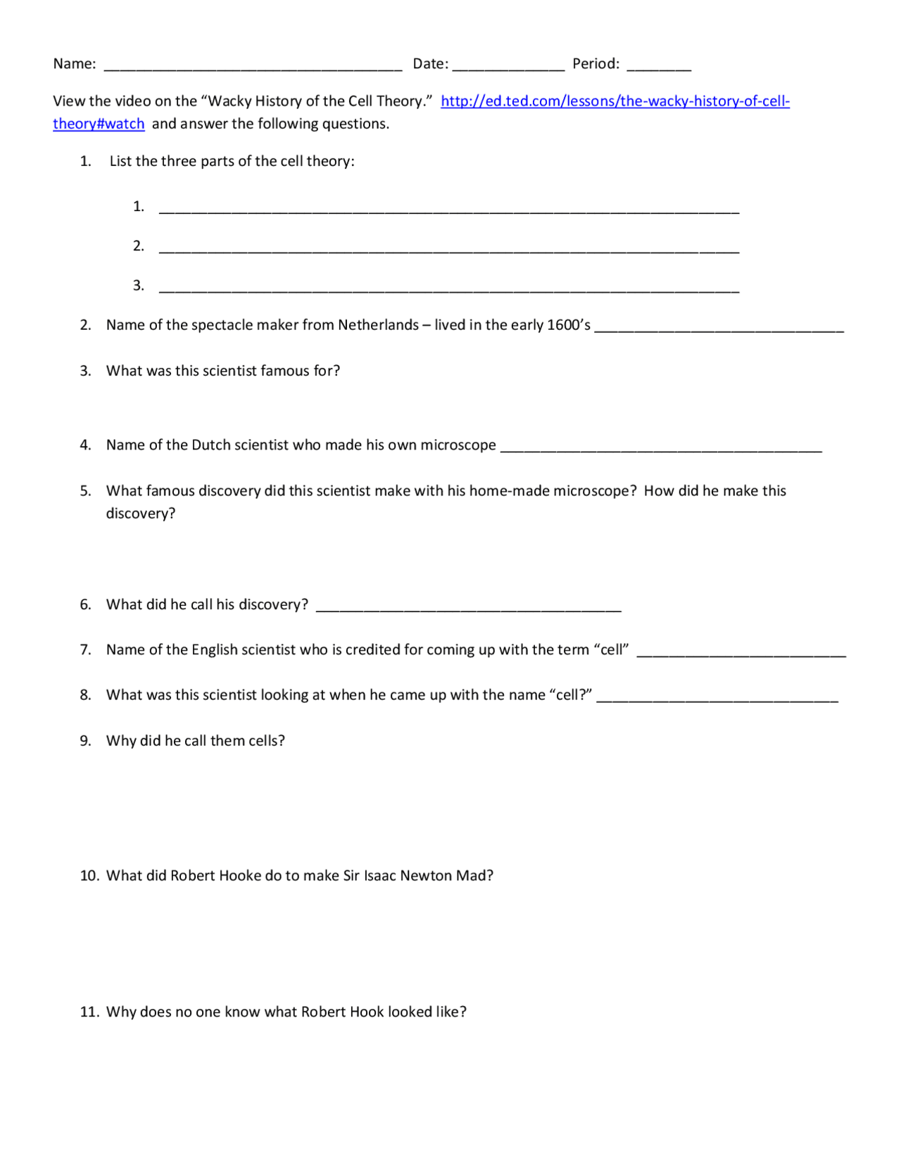 Wacky History of Cell Theory Worksheet Answer Key | Exercises Cell Biology  | Docsity
