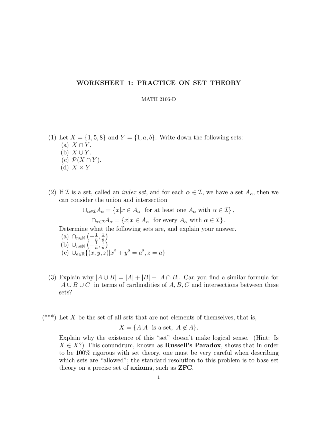Worksheet: Practice on Set Theory | Exercises Mathematics | Docsity